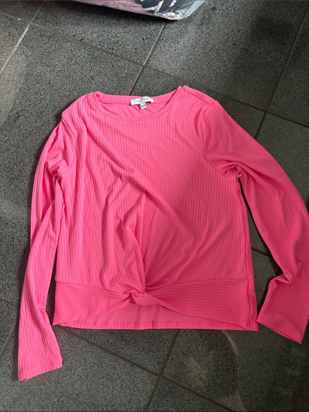 Ribbed Knot-Front Long Sleeve Top - Hot Pink